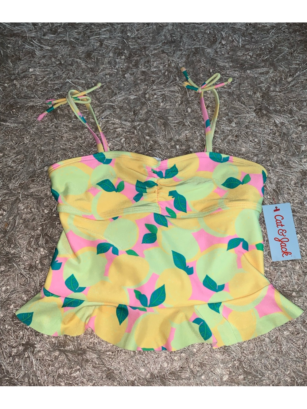 Cat & Jack Yellow Pink Lemon Print Tankini Swim top size L (10/12) NWT